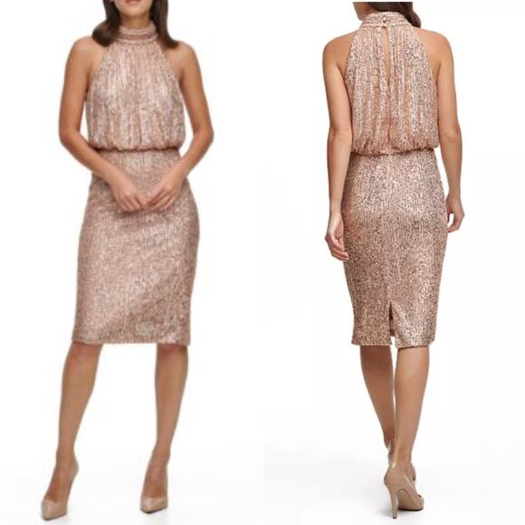 Eliza J Rose Gold Sequin Mock Neck Blouson Mini Halter Dress Women's Size 10 - Picture 1 of 14